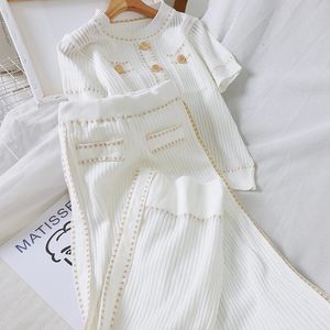 Summer White/Black Knitted Women Two Piece Set Elegant Short Sleeve O-neck Casual Tops Shirts And Loose Pants Suits 240516