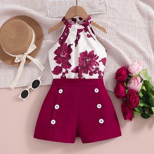 Clothing Sets 2024 Summer Child Clothes Sleeveless Print Floral Tops Claret Shorts 2 Piece Designer Boys 4-12T