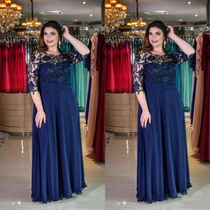 Plus Size Navy Blue A-Line Lace Mother of Bride Groom Dress Jewel Neck Chiffon Floor-Length 1 2 Sleeve Formal Dress Evening Gowns Custo 227f
