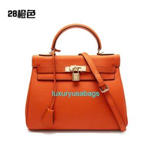 Genuine Leather Handbag Ky Shoulder Bags Cow Skin Lychee Patterned Bag Single Shoulder Women's Bag Wind Carrying Radial Span 28cm Orangewith logo HBHP