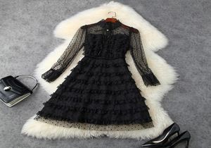 2021 Spring Long Sleeve Stand Collar Black Polka Dot Lace Tiered Ribbon Tie Bow KneeLength Dress Elegant Casual Dresses LD22T11726342278