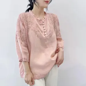 Women's Blouses Women Embroidered Shirt Loose Fit Stylish Floral Summer With Buttoned O-neck For