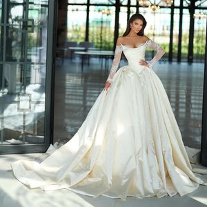 Beige Basque A Line Wedding Dresses Off the Shoulder Full Sleeve Pleat Bridal Gown Strapless Long Sleeve Lace Robe De Mariage