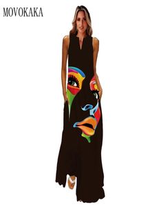 Movokaka Human Face Printedブラックドレスエレガントなカジュアルなヴィンテージドレス女性サマービーチの袖なしの女の子ロングドレス2206015279144
