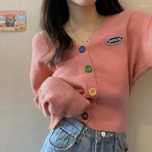 Polos femininos para estudantes universitárias Um breve parágrafo de decote em V doce e solto, use botão de manga comprida Cardigan qiu dong