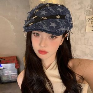 Korean Version of The Raw Edge Star Denim Beret Cap Womens Summer Versatile Casual Niche Design Trend sboy Hat 240522