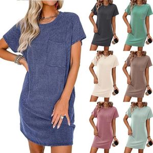 Lässige Kleider Sommerkontrast Frauen kleiden modische runde Nacken Kurzarm Tasche Female Vestidos