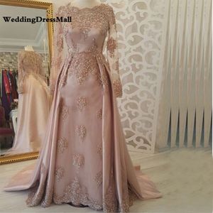 Długie rękawy Abendkleider Pink Arabska suknia wieczorowa Kaftan Dubai Muzułmańskie sukienki Vestido de Gala 260K