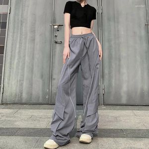 Women's Pants Summer Street Fashion Casual Pocket Reflective Striped Elastic Waist Drawstring High Work Women Straight