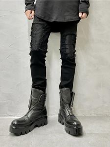 Мужские джинсы в американском стиле тренд стиранный растяжение Slim Fit Skinny Design Design Pants Personality Leather Patchwork Близко ботинки