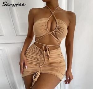 Serytee Fashion Ruched Lace Up 붕대 halter 섹시한 드레스 여성 2022 여름 등이없는 소매없는 드로 스트링 클럽 바디콘 드레스 여자 7949119