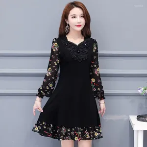 Casual Dresses Elegant Fashion Embroidery BeadingRound Neck Dress Spring Summer Vintage Women's Clothing Printed Spliced Long Sleeve