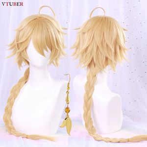 Aether Cosplay Wig 80cm Long Braided Golden Blonde Heat Resistant Synthetic Hair Party Game Genshin Cosplay Anime Wigs + Wig Cap