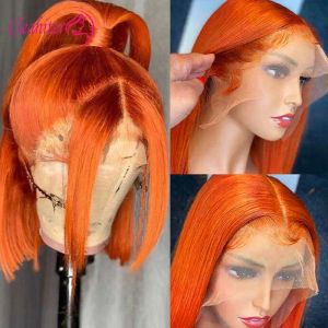 Human Hair 350 Orange Color Straight Short Fringe Bob Style 13x4 Lace Frontal Wig Ear To Ear Lace Part Wig For Women 180% Density