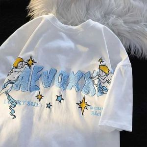 Men's T-Shirts Letter Embroidery Short sleeved Womens Cotton American Retro Tidal Design Feeling 1/5 Sleeve Summer Loose Couple T-shirt Q240521