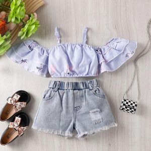 Kläder set sommar 1-5 år gammal baby flicka söt casual lätta lila tryckt hängsperma väster topp denim shorts set