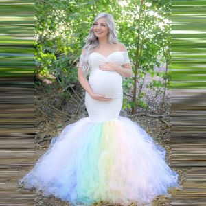Festklänningar Elegant sjöjungfru moderskap Kvinnor älskling med färgglada tåg tyllkjol för gravid prom klänning po shoot