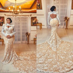 Royal Mermaid Wedding Dresses High Neck Hollow Lace Applique Beads Bridal Gown Sweep Train Vestido De Novia