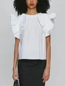 Damenblusen Damen Retro -Druck oder weißes fliegendes Ärmeln Hemd weibliche runde Hals plissierte süße Bluse -Oberteile