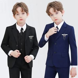Children Formal Slim Fit Black Navy Suit Set Childrens Piano Performance Wedding Party Dress Kids Blazer Pants Tie Clothes 240521