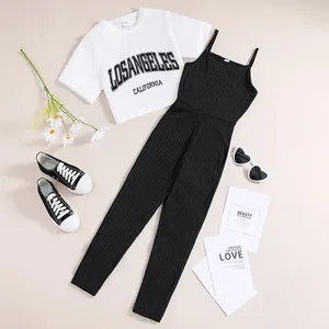 Kleidungssets Mode für 8-12ys Kinder Outfit White Kurzärmelige Top Black Hosen Mädchen Sporty Preppy Style Outifits 2pcs Freizeitanzug