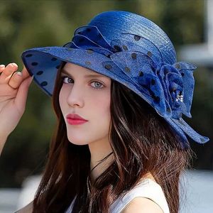 Wide Brim Hats Bucket Hats Flower Decor Dotted Print Bucket Hat Sunscreen Fashion Elegant Traveling Fisherman Hat For Vacation Womens Cs Hats J240522