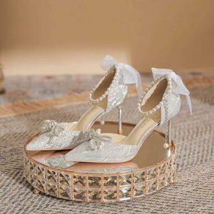 Sandals Silver Pearl Decorado salto alto de 18 anos para adultos Crystal Wedding Shoes Sapatos Novos saltos altos 8cm 6cm Sandals J240522