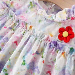 Summer New Baby Girls Dress Flying Sleeve Flower Cake Layer Small Red Hand Painted Wind Lace Ruffle Collar