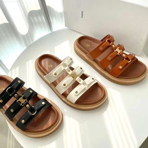 2024New Luxury Designer tofflor Sandal Summer Beach Womens Leather Mule Sliders Casual Shoe Gladiator Flat Sandale Fashion Black Pool Slide Slipper Presentlåda