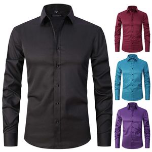Big Size S-8xl Mens Casual Shirts Solid Color Stretch Shirt Men Långärmad modeskjorta Slim Top Black White Wine Red Polyester Tops Breattable Clothes F95 939