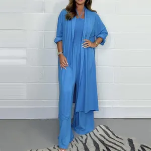 Women's Two Piece Pants Women Halter Neck Jumpsuit Stylish Summer Suit Pleated Wide Leg Long Sleeve Cardigan Chic Casual