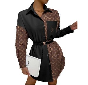 エレガントな高品質の新しい女性カラーブロックシャツレディー長袖ブラウスターンダウンカラーボタンポケットデザインプリントカジュアルシャツドレス