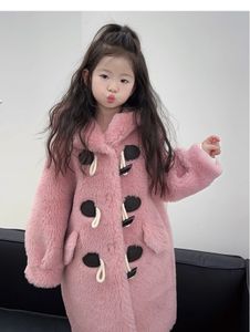 Autumn and Winter Children's Lamb Hair Boys and Girls Cow Horn Button Hooded Thickened Medium Length Warm Particle Wool Fur Coat Children's Winter