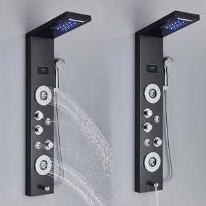 Black LED Shower Panel Column Shower Faucet Bathtub Mixer Tap With Massage Body Spa Hand Shower Temperature Screen