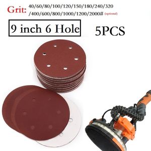 5pcs Sandpaper 9inch 6Holes Sanding Paper 40-2000grit Electric Wall Polisher For Artificial Stone Furniture Wood Polishing Tools