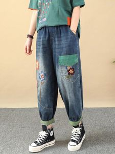 Kvinnors jeans 23 kvinnor vår sommar retro tvättade blekt broderi lapptäcke lösa kvinnliga tidvatten denim ankellängd harem byxor vilda