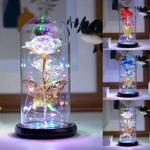Decorative Objects Figurines Artificial Milky Way Rose Light with Butterfly and Colored LED Glass Battery Powered Wedding Gift for Mothers Day Valentines H240522