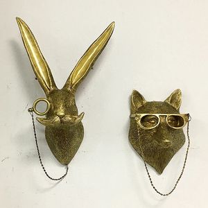 Antique Bronze Resin Animal Wall Pendant Deer Head Mice Bear Fox Hook Up Background Wall Accessories Home Figurines Decoration 240522