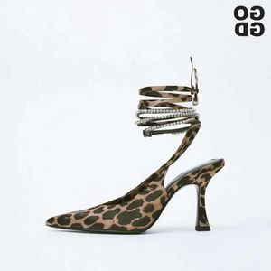 GOGD Design Thin Women Pumps 759 Toe Lace-Up High Heels Rhinestone Shiny Leopard Pointed Sandals Fashion Shoes Ladie 600