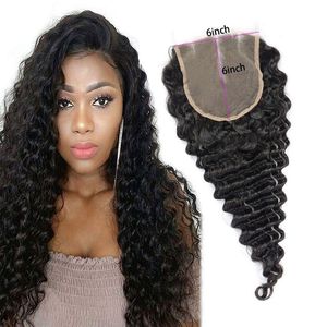 Indian Raw Virgin Hair Six by Six spetsstängning 8-20-tums naturlig färg Partihandel 6x6 Spetsstängning Deep Wave Curly Top Stängningar med Baby Gipk