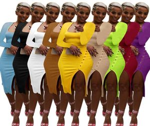 Women Bodycon Split Dresses Sexy knit Slim Solid Color Long Sleeve Maxi Dress Designer Clubwear Plus Size spring 2022 women s clot7240811