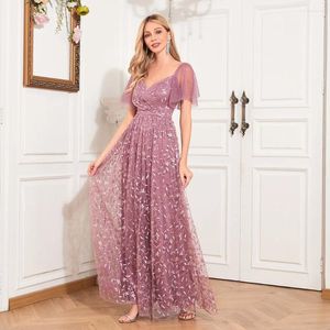 Party Dresses Elegant See-through Short-sleeved V-neck U-back Evening Dress A-line Hem Embroidered Mesh Fully Lined Maxi