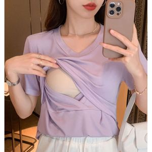 Solid Color Stretch Maternity Nursing Tees Breastfeeding t shirts for Pregnant Women Summer Pregnancy Home T-shirt Tops Wear L2405