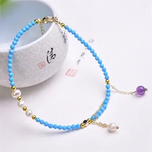 Link Bracelets 2PCS Natural Blue Turquoise Ankle Chain Crystal Reiki Healing Stone Fashion Jewelry Gift For Women Men 3MM