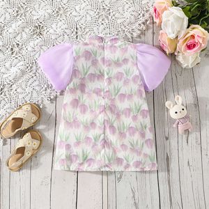 Summer New Baby Girls Chinese Style Neckline Straight Skirt Puffed Sleeve Tulip Pattern Sweet Princess Dress