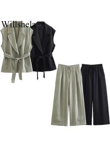 Willshela Women Fashion Two Piece Set Solid VNeck Single Breasted Tank Tops Vintage Straight Leg Pants Female Chic Pants Suit 240522