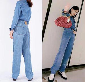 Kadınlar Kot pantolon, ön ve arka ayna tasarımı ile yüksek belli açık mavi düz
