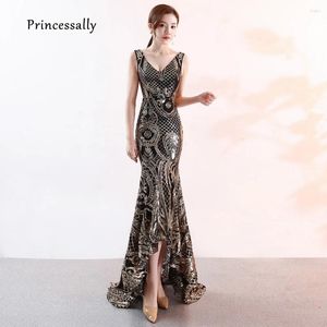 Party Dresses Sequin Gold High Low Evening Dress Gown Sexy V Neck Sleeveless Long Formal Women Abiti Da Sera 2024