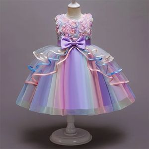 Girls Rainbow Tulle Dress Childrens Wedding Tutu Layer Cake Princess Elegant Party Ball Dress Childrens Evening Dress 240520