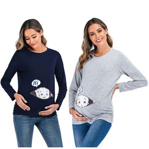 Camiseta de gravidez fofa roupas de maternidade de manga comprida Casual Crew pesco